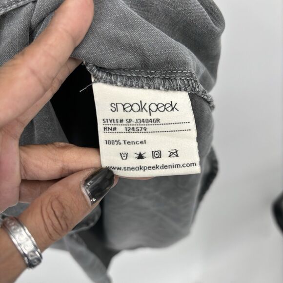 Sneak Peek Women’s Shirt Dress Medium Gray Roll Tab Sleeve Tencel Urban Boho - Picture 5 of 10